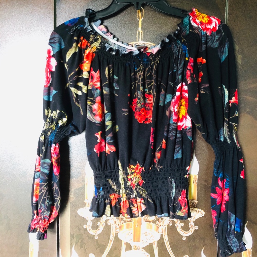 Tropical Floral Bunch-Sleeve Cinch Waist Blouse